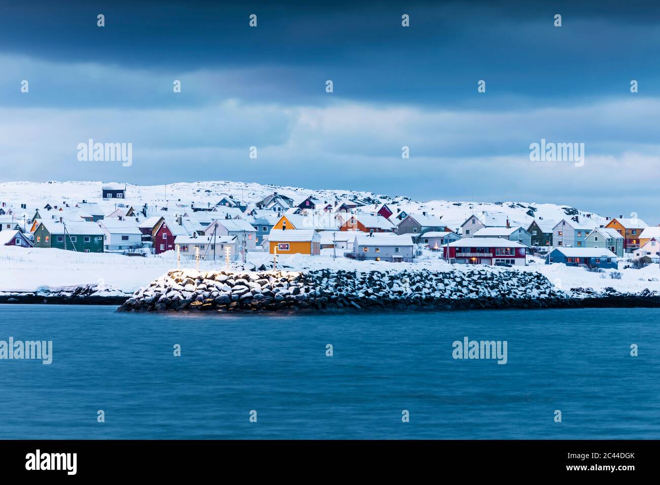 Paysage urbain de Berlevag en hiver, Norvège Banque D'Images