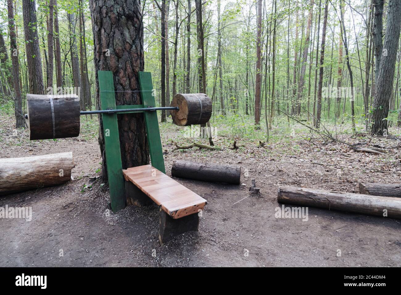 Équipement d'exercice en bois dans la forêt Banque D'Images