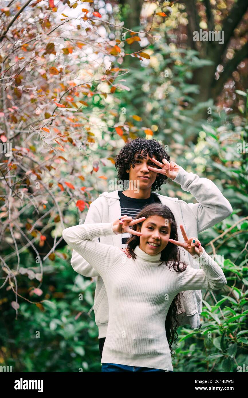 Frère et sœur montrant le signe de la paix tout en se tenant au milieu des plantes dans le parc Banque D'Images