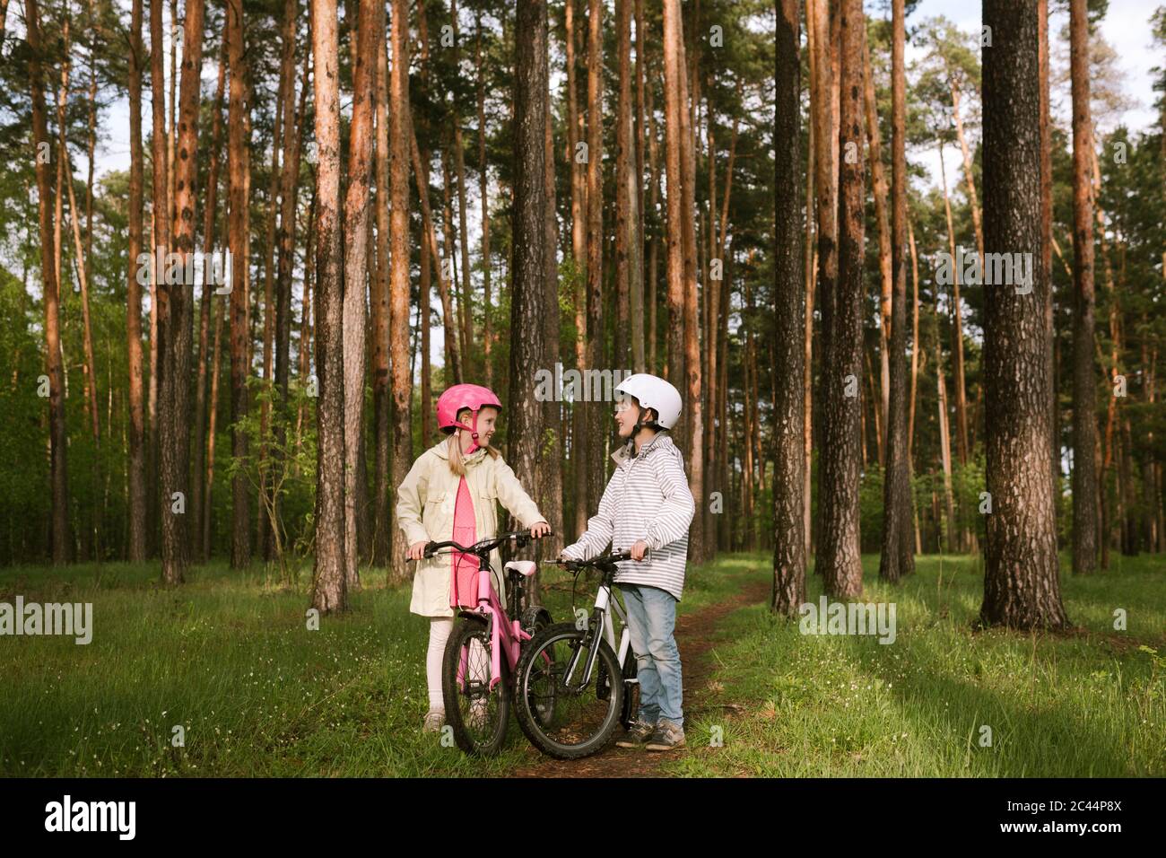 Fille et garçon debout avec des vélos en forêt Banque D'Images