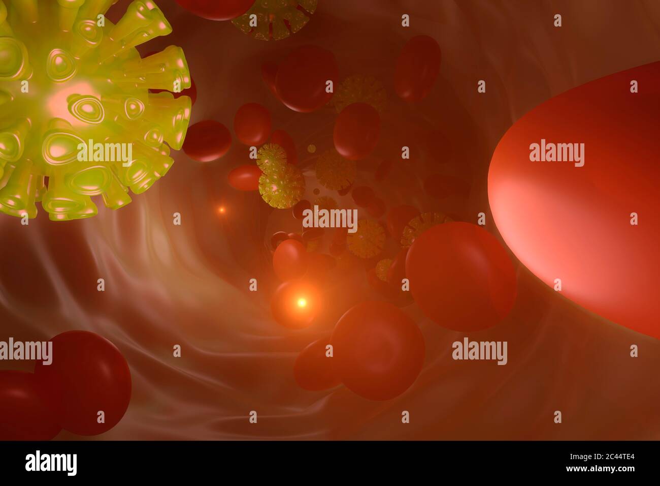 Illustration 3D des globules rouges et du coronavirus dans le sang Banque D'Images