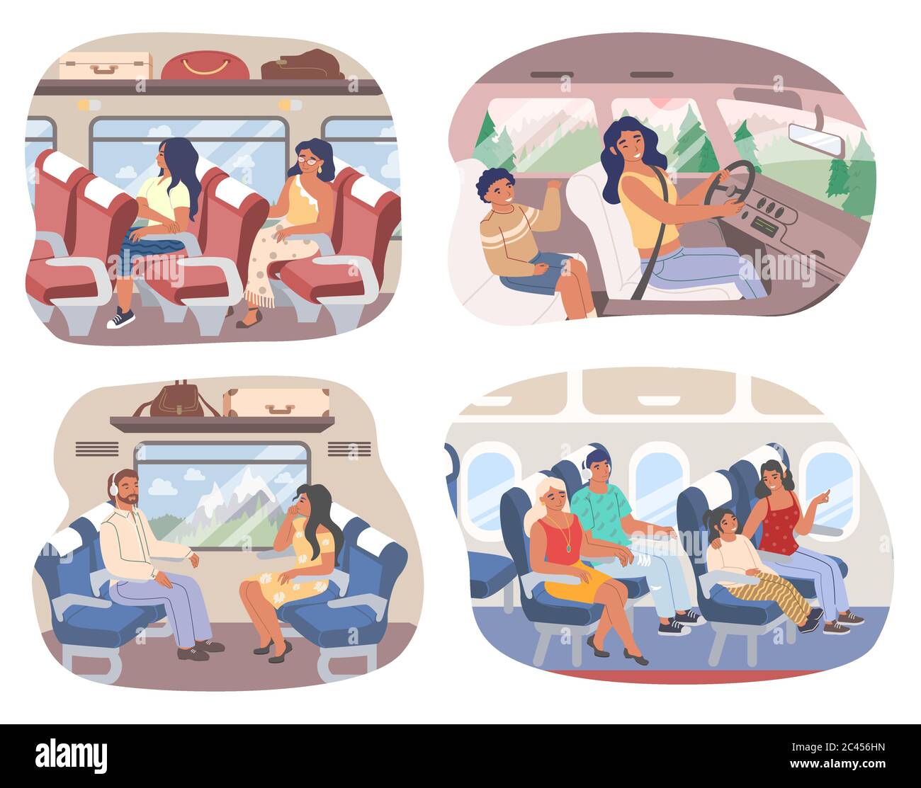 Passagers à l'intérieur de différents moyens de transport, illustration vectorielle isolée à plat Illustration de Vecteur