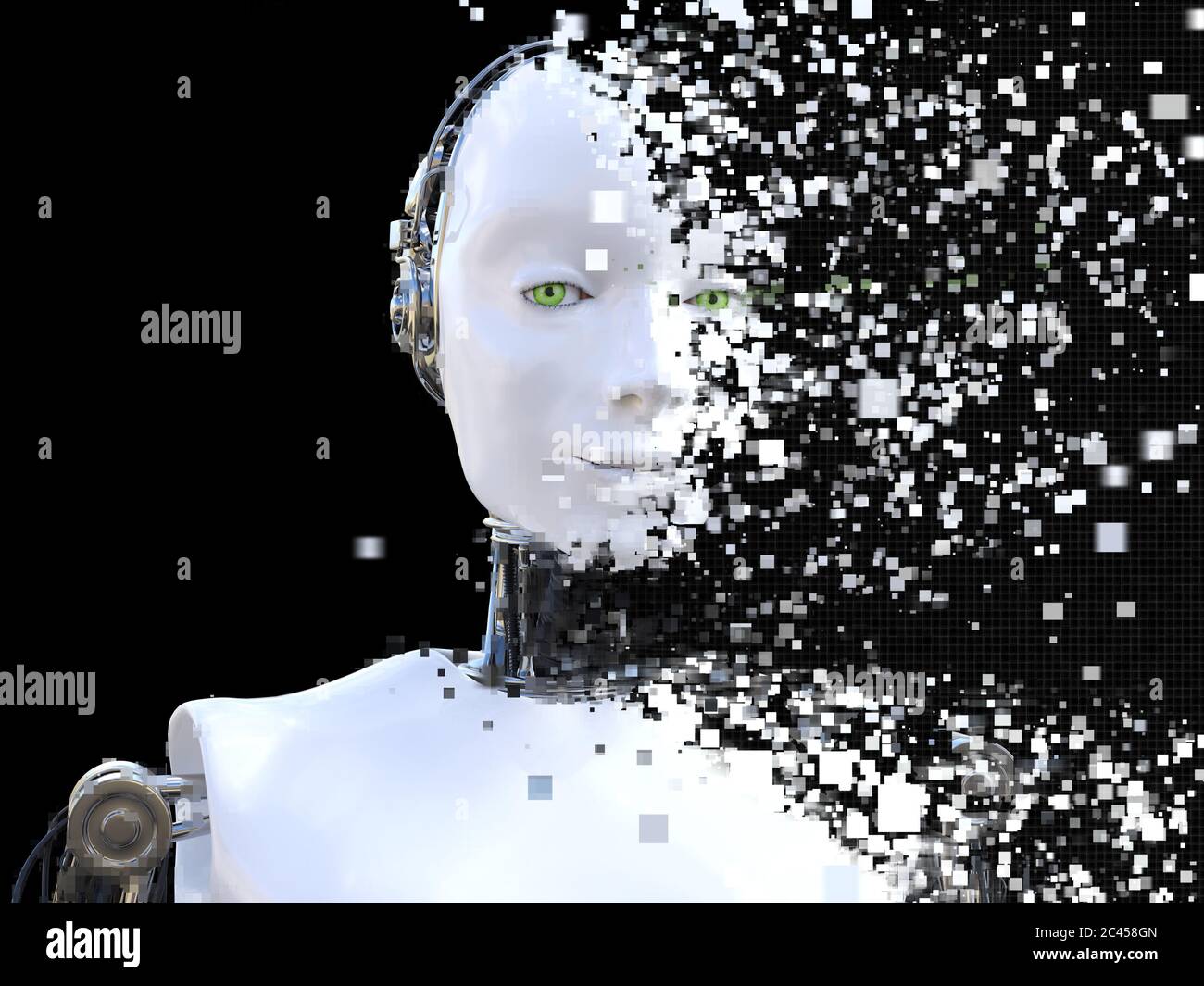 Le rendu 3D de la tête d'une femme robot. La tête est séparé en pixels ou windows. Fond noir. Banque D'Images