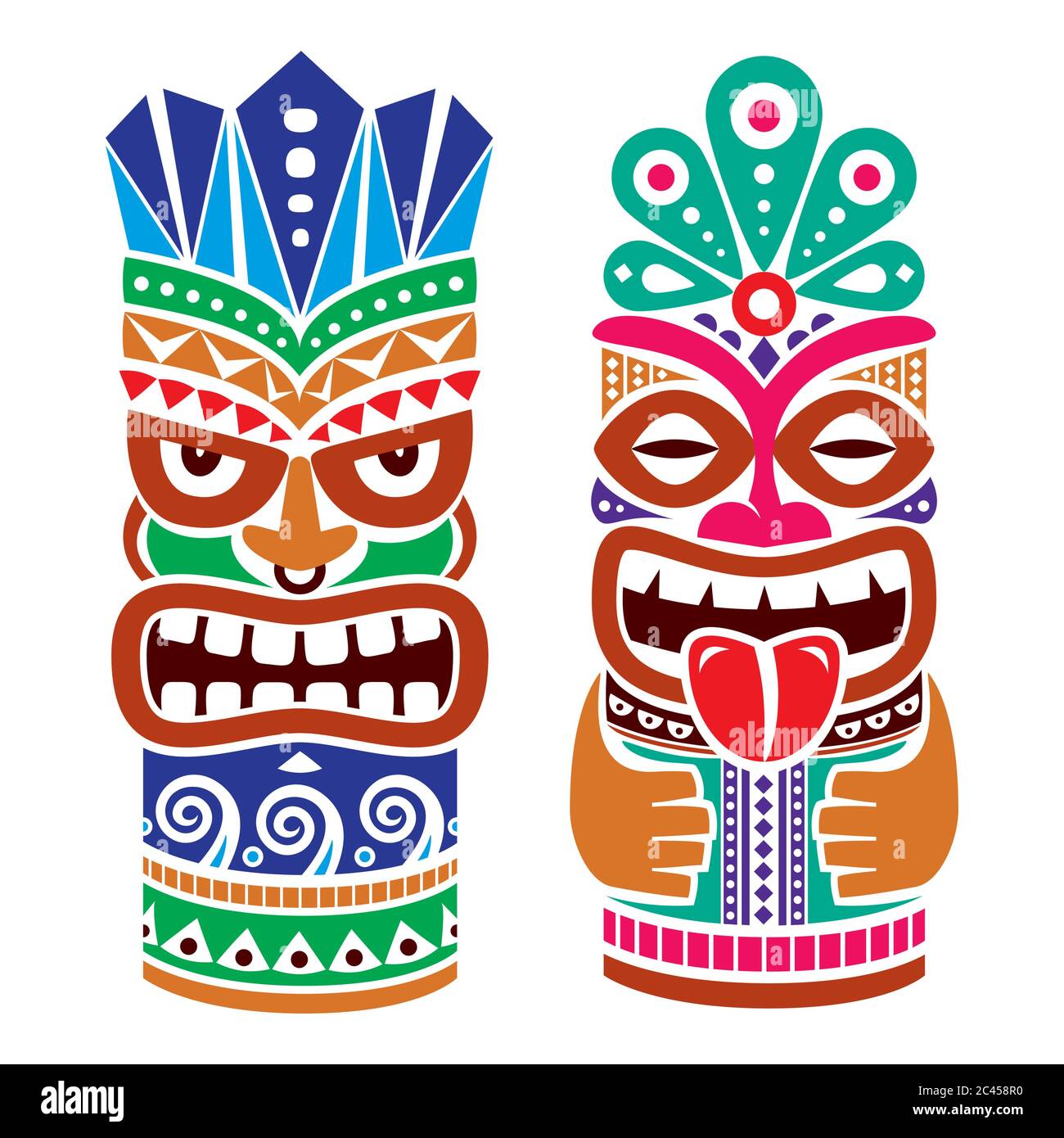 Tiki pole totem vector color design - décor traditionnel de la statue, de Polynésie et d'Hawaï, fond d'art folklorique tribal Illustration de Vecteur