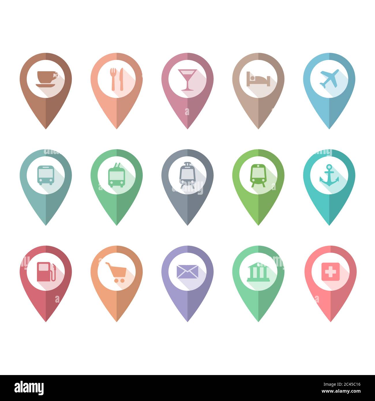 Ensemble de vecteurs de pointeur de broche d'emplacement avec icônes de café, restaurant, hôtel, bus. Marqueurs d'emplacement avec panneaux d'aéroport, de gare, de banque, d'hôpital. Illustration de Vecteur