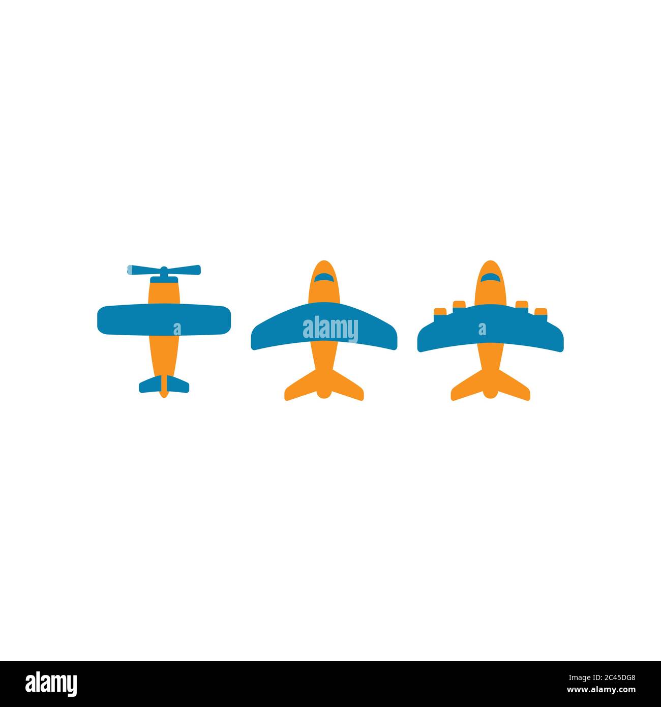 Ensemble d'icônes de dessin animé vecteur coloré d'avion. Avion à réaction, avion rétro avec icônes de dessin animé de vis à air en bleu et orange. Illustration de Vecteur
