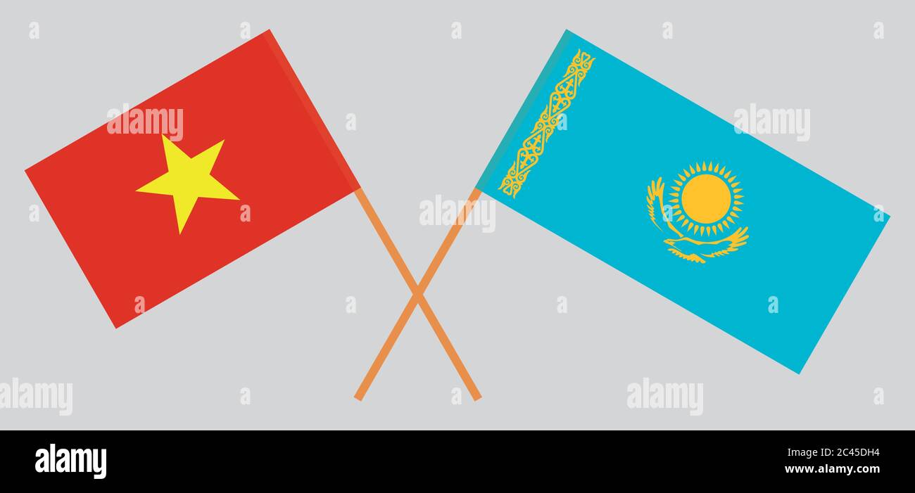 Drapeaux croisés du Kazakhstan et du Vietnam. Couleurs officielles. Proportion correcte. Illustration vectorielle Illustration de Vecteur