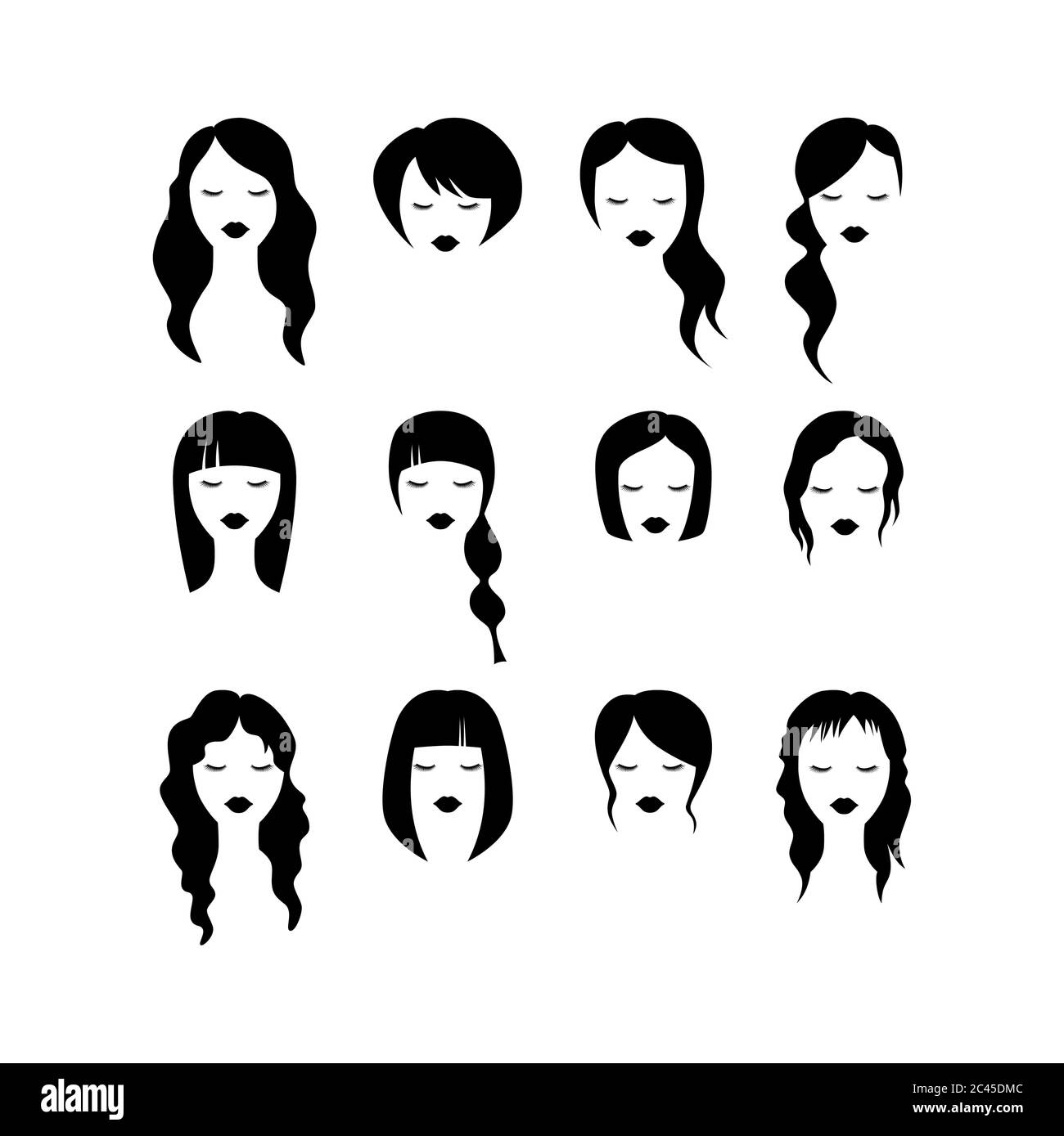 Jolie femme icône de coiffure pour salon de coiffure. Ensemble de coupe de cheveux noir vectoriel pour femme. Illustration de Vecteur