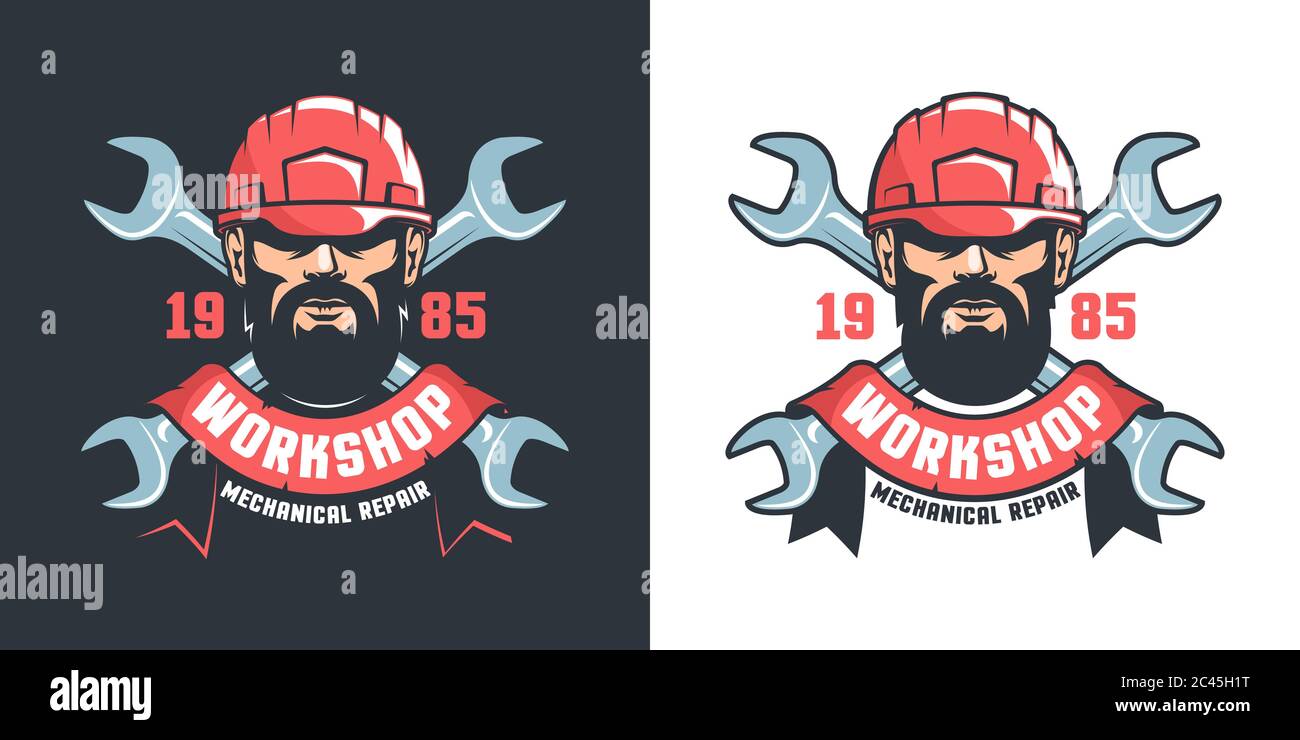 Atelier de réparation avec un homme à main dans un casque et une clé croisée Illustration de Vecteur