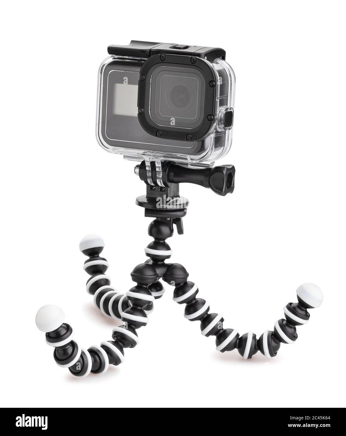 caméra embarquée dans un boîtier de plongée sur le chemin du statif de gorille isolé sur blanc Banque D'Images