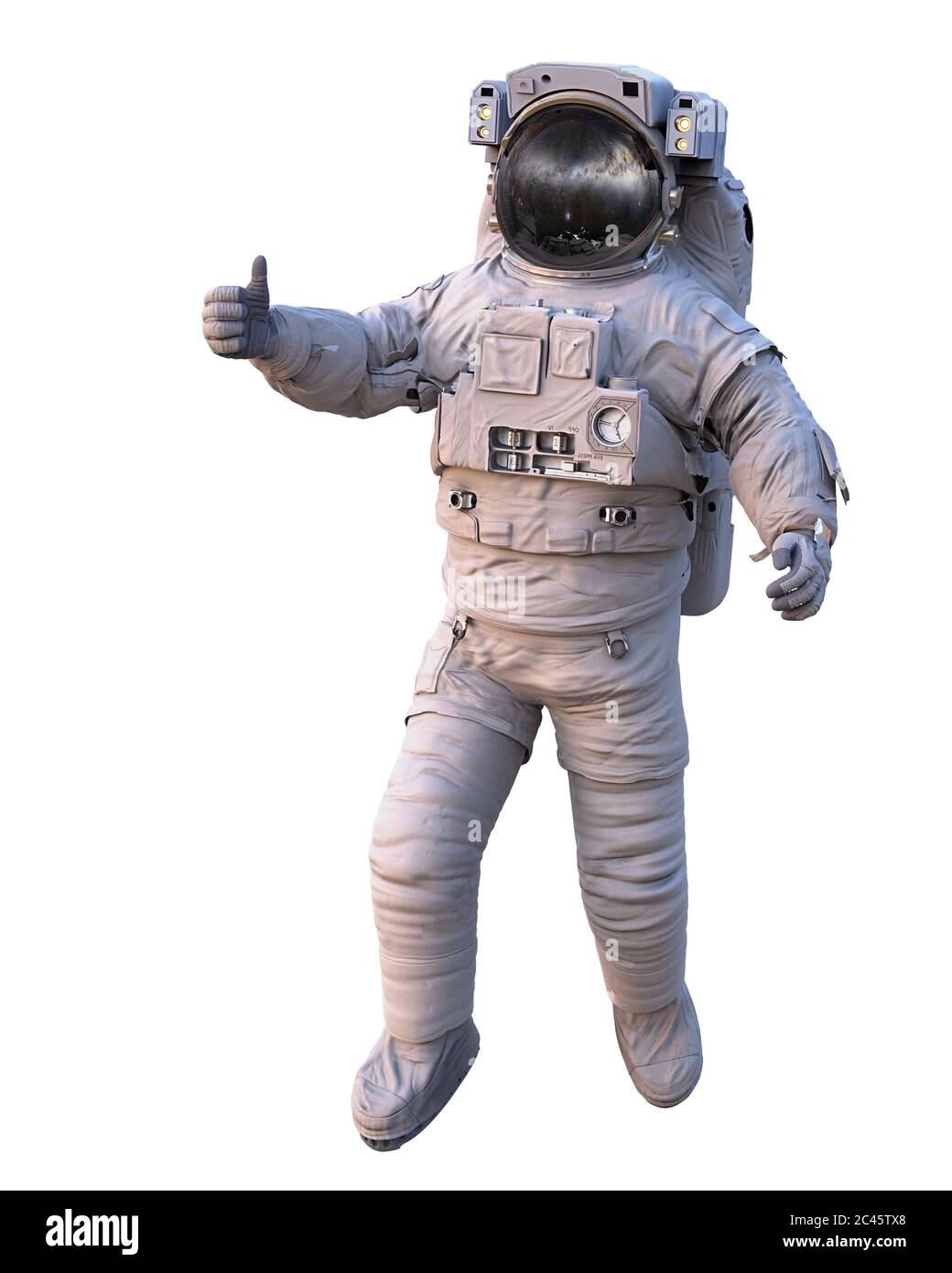 astronaute qui se fait des pouces pendant la promenade spatiale, isolé sur fond blanc Banque D'Images
