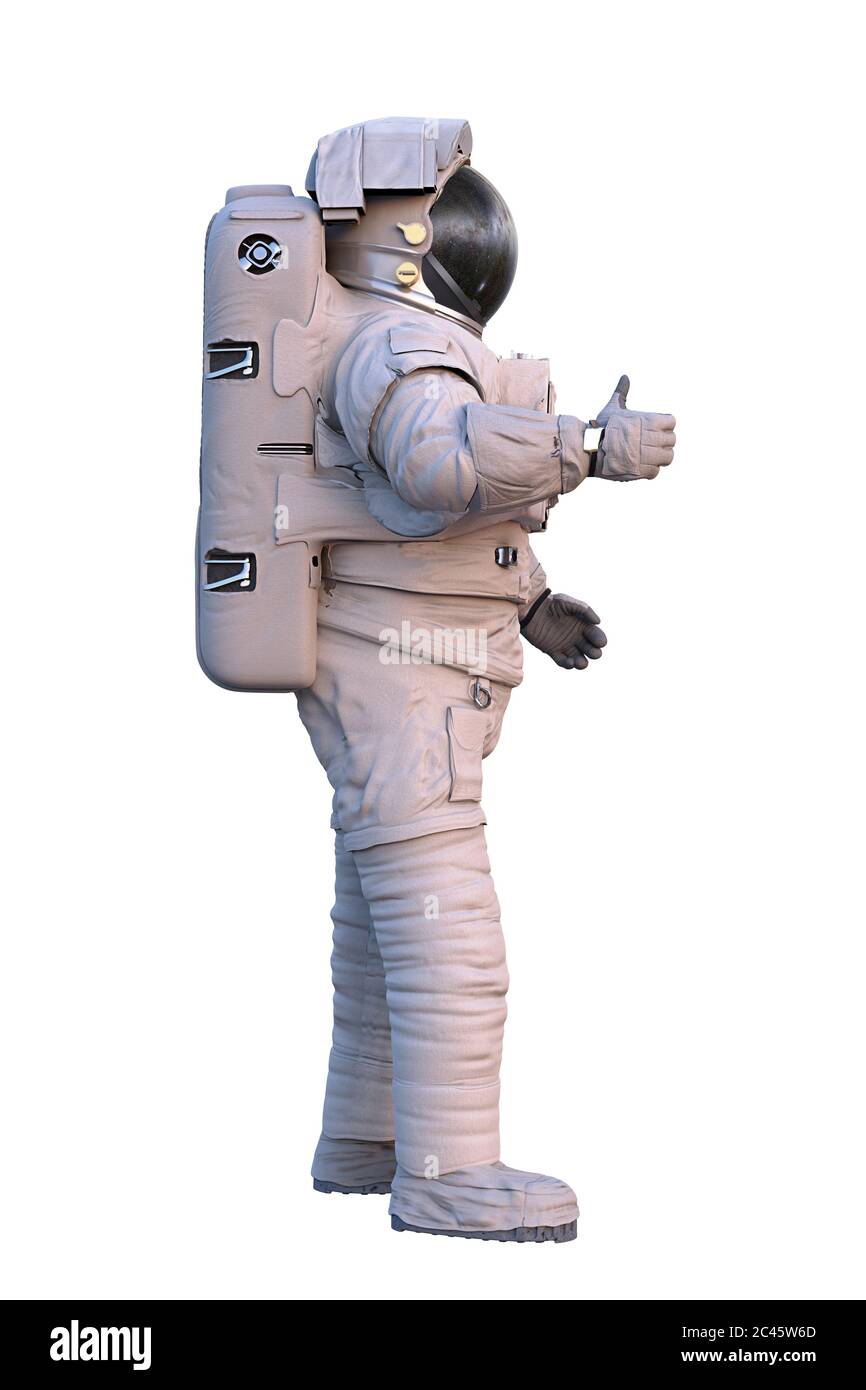 astronaute montrant le pouce, un spaceman debout isolé sur fond blanc Banque D'Images