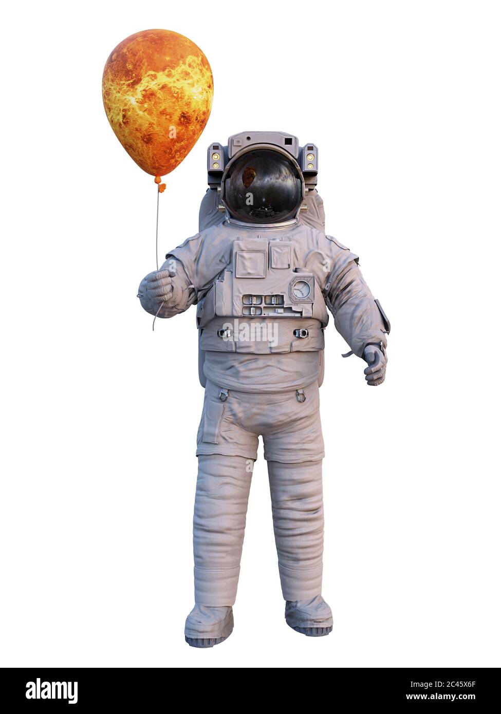 Astronaute avec ballon planète Vénus isolé sur fond blanc Banque D'Images