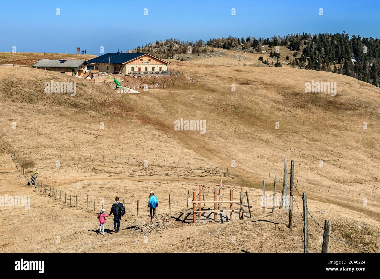 Père et filles randonnée sur un haut plateau dans le paysage alpin près de Schneeberg Banque D'Images