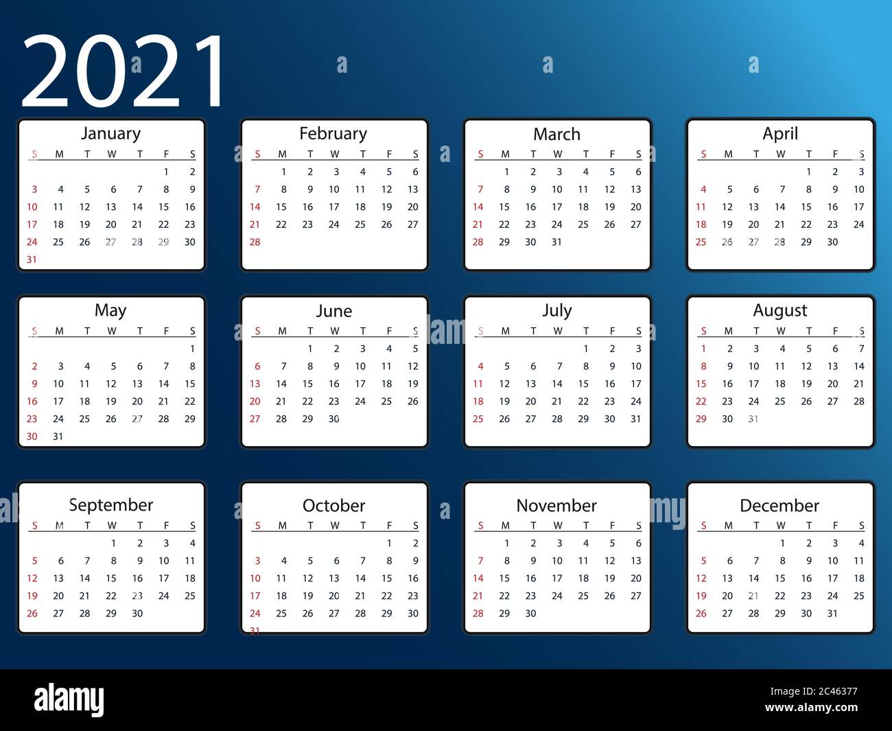 Calendrier 2021, la semaine commence le dimanche. Illustration vectorielle,  conception plate Image Vectorielle Stock - Alamy
