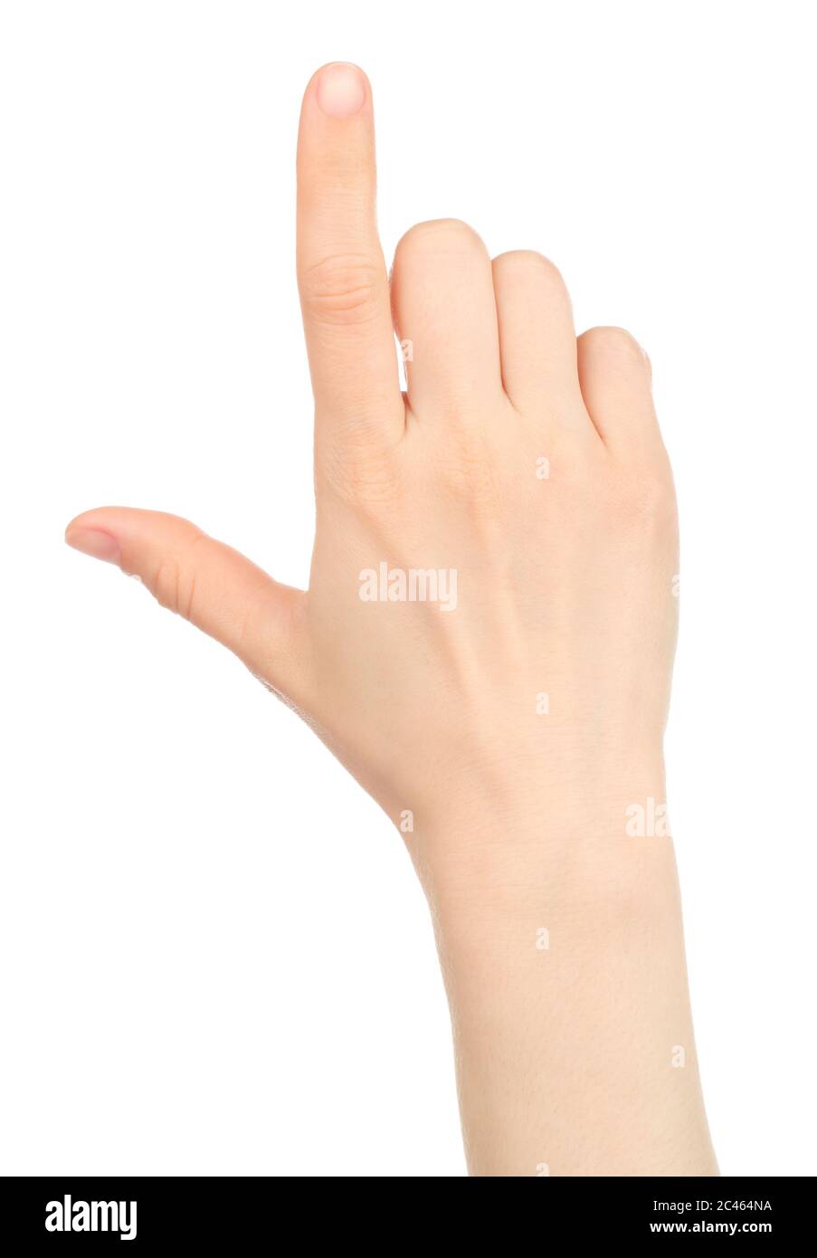 Femme main avec un geste comme sur l'écran du smartphone, sur fond blanc Banque D'Images
