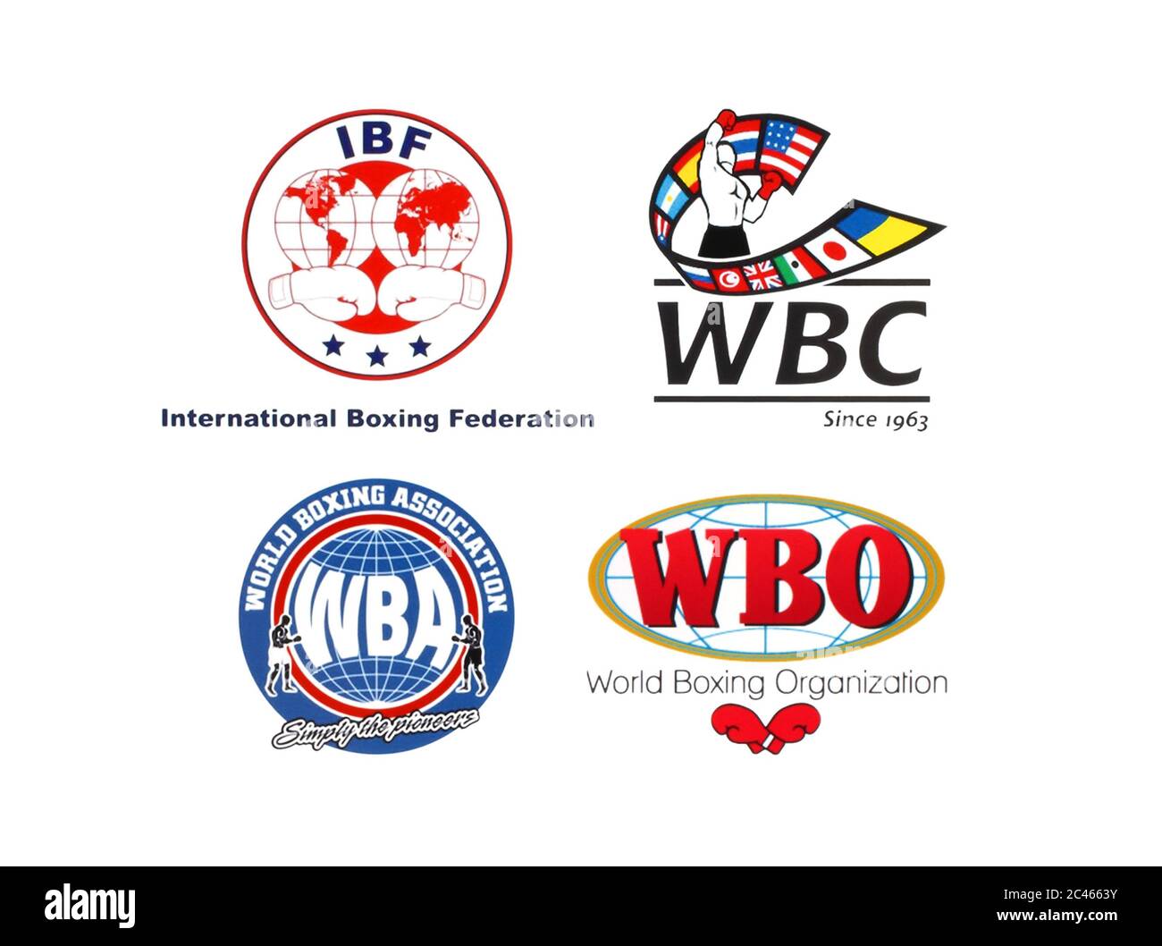 Kiev, Ukraine - 10 avril 2019 : collection des principaux logos des organisations de boxe professionnelles du monde, tels que WBO, WBA, WBC, IBF Banque D'Images