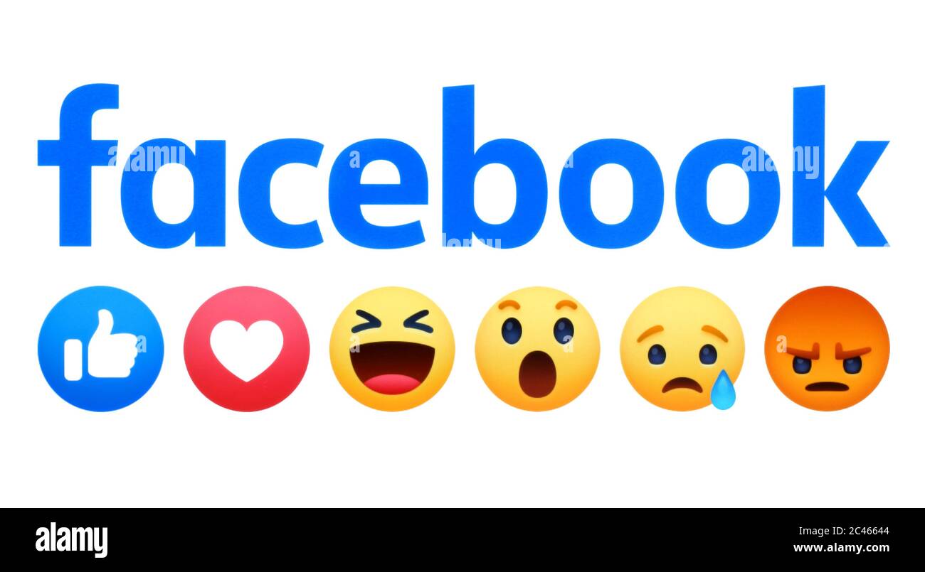 Kiev, Ukraine - 02 mai 2019: Nouveau Facebook Like Button 6 empathique réactions Emoji imprimé sur le livre blanc. Facebook est un réseau social bien connu Banque D'Images