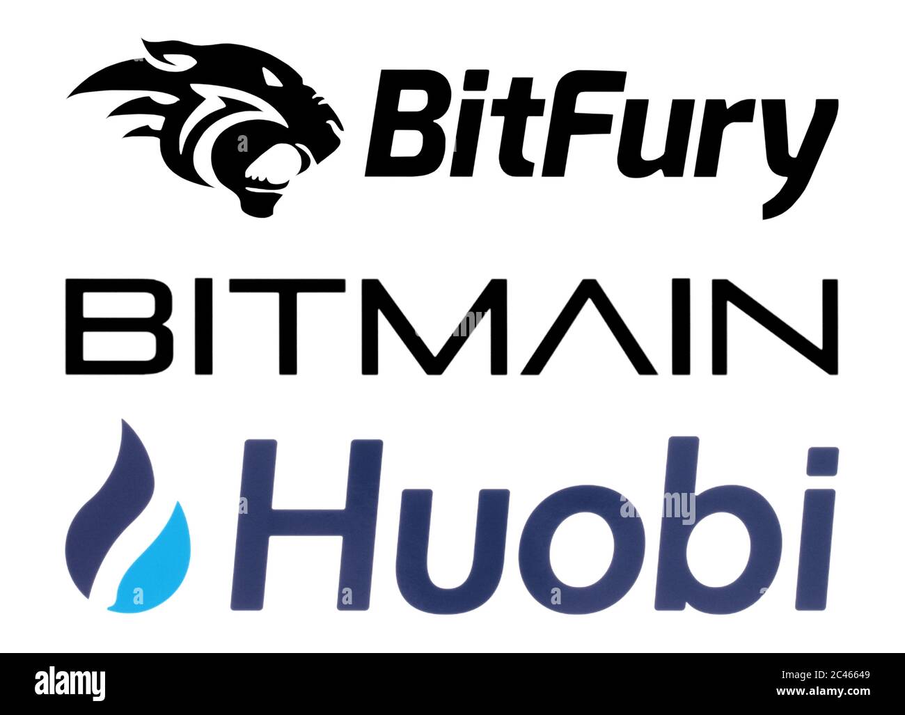 Kiev, Ukraine - 12 mars 2019: Ensemble des logos des échanges de crypto-monnaies imprimés sur le livre blanc: BitFury, Bitmain, Huobi Banque D'Images