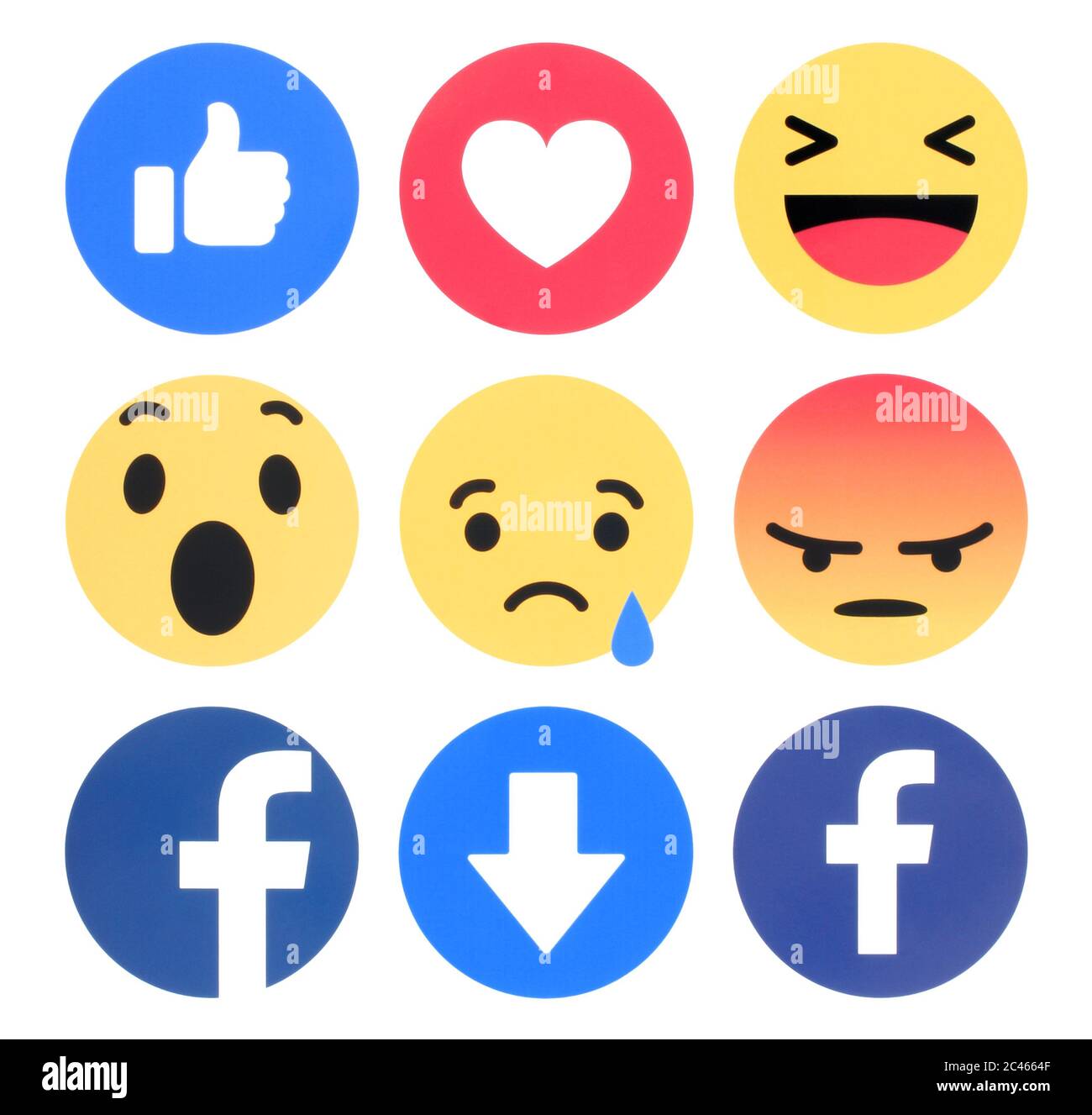Kiev, Ukraine - 11 avril 2019: Facebook 6 réactions Emoji empathique imprimé sur le livre blanc. Facebook est un service de réseautage social bien connu Banque D'Images