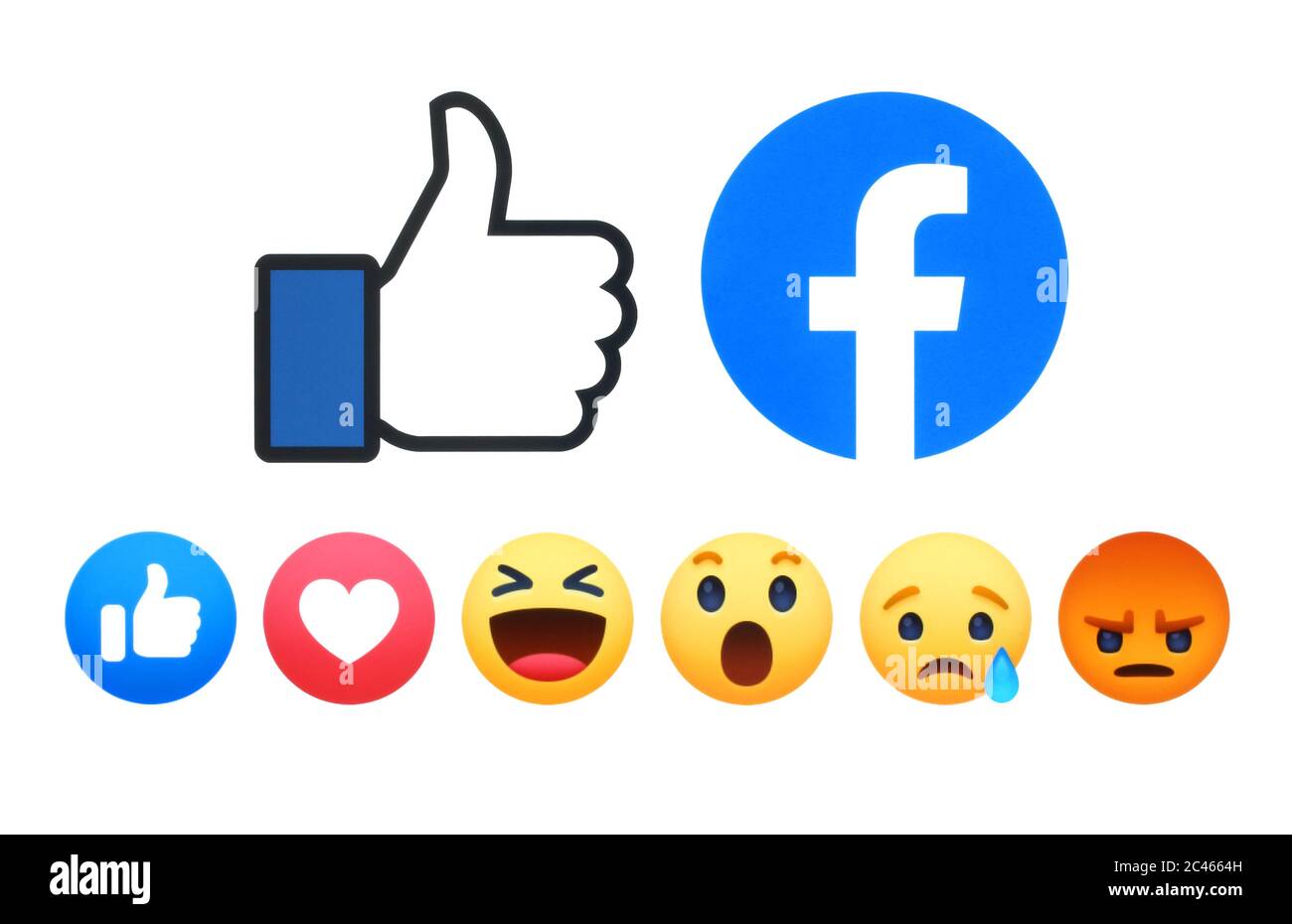 Kiev, Ukraine - 02 mai 2019: Nouveau Facebook Like Button 6 empathique réactions Emoji imprimé sur le livre blanc. Facebook est un réseau social bien connu Banque D'Images
