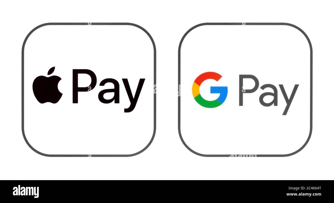 Kiev, Ukraine - 01 mars 2019: Icônes Apple Pay et Google Pay imprimées sur papier. Apple Pay est un service de paiement mobile et de portefeuille numérique. Google Pay est Banque D'Images