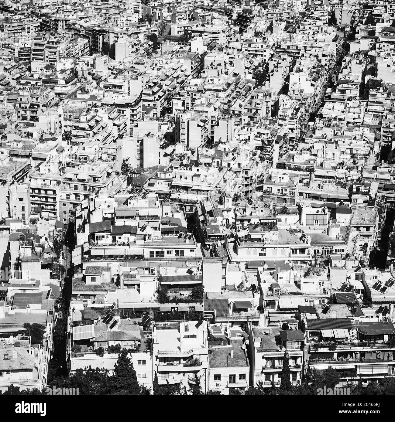 Vue aérienne du quartier résidentiel d'Athènes, Grèce. Photographie uban en noir et blanc Banque D'Images