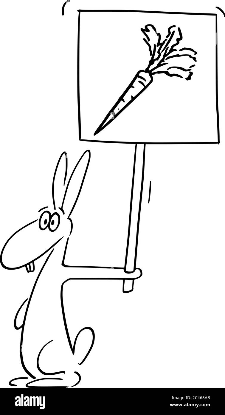 Dessin de dessin de dessin de dessin de dessin de dessin conceptuel de lapin, de lapin ou de lièvre tenant et montrant le signe de légume de carotte. Illustration de Vecteur