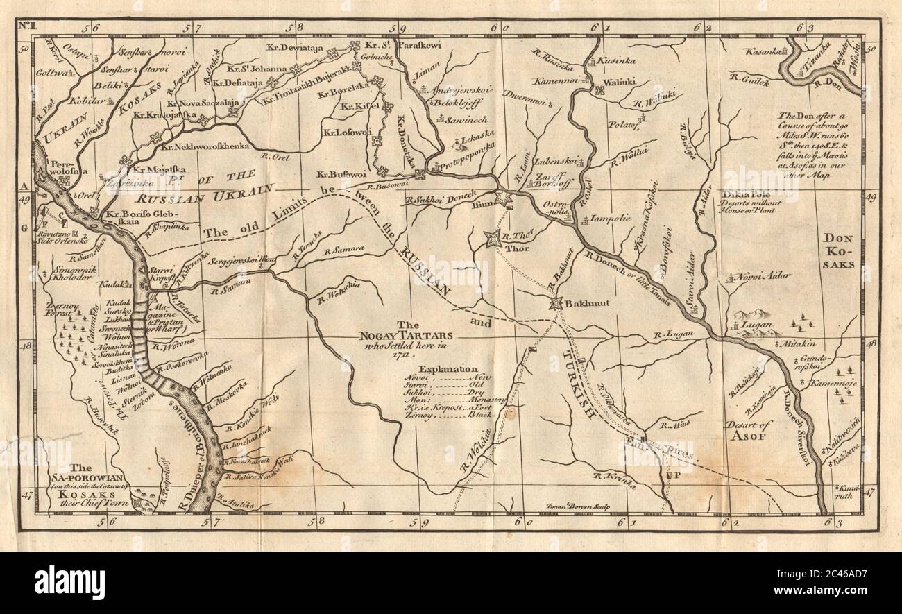 Ukraine orientale. Cosaques. Frontières de l'Empire russe/turc. Cartographie GENTS MAG 1739 Banque D'Images