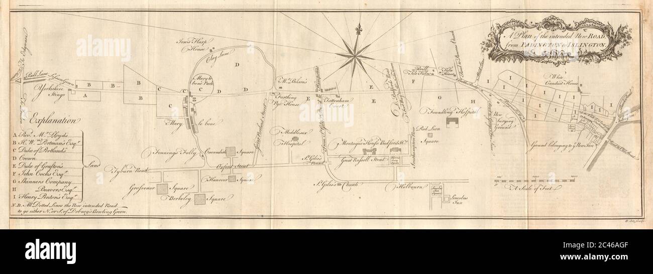 Nouvelle route de Padington à Islington. Marylebone Euston Bloomsbury COLE 1755 carte Banque D'Images