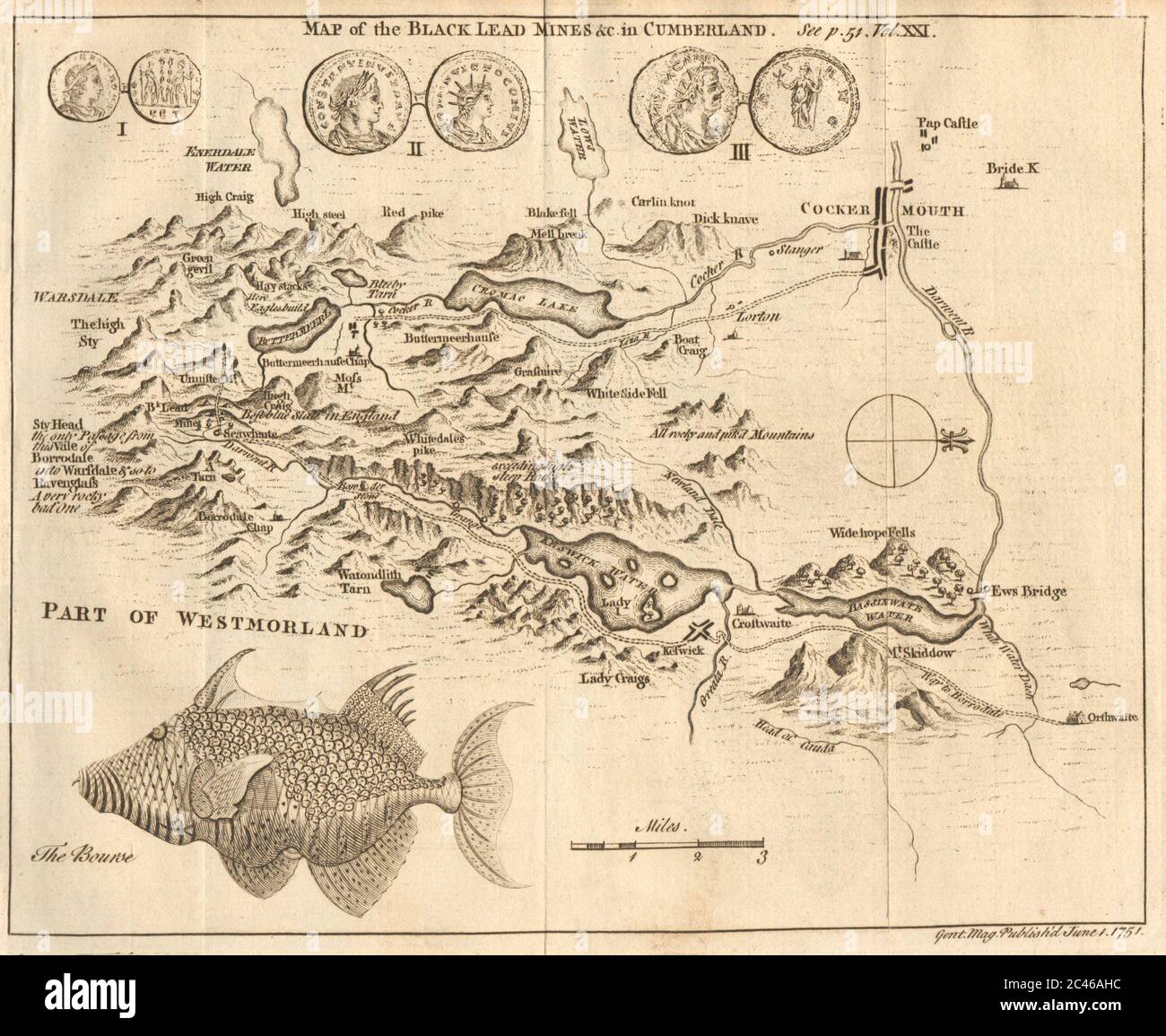 Les mines de plomb noir à Cumberland. English Lake District. Cartographie GENTS MAG 1751 Banque D'Images