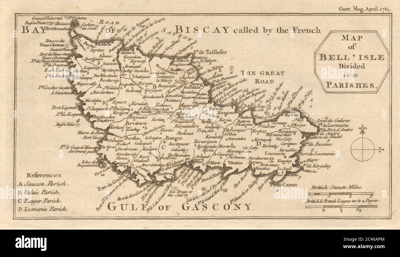 L'île de Bell est divisée en paroisses. Belle-Île-en-Mer. Morbihan. Cartographie GENTS MAG 1761 Banque D'Images