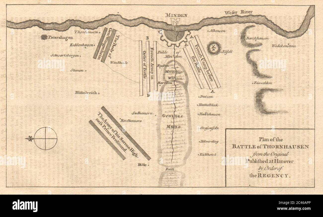 Plan de la bataille de Thornhausen / Minden. GENTS MAG 1759 ancienne carte Banque D'Images