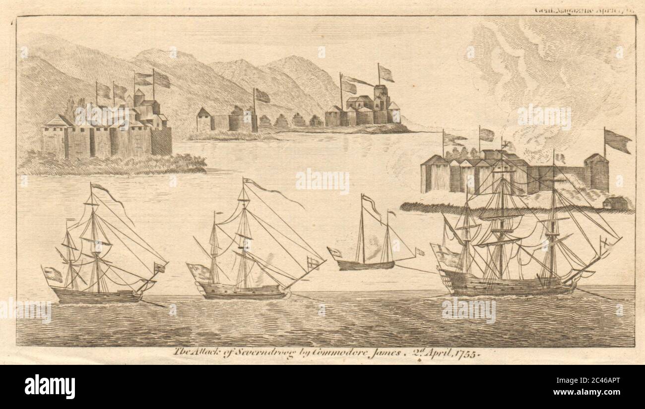 Attaque contre Severndroog par le Commodore James, 1755. Suvarnadurg, Maharashtra 1761 Banque D'Images