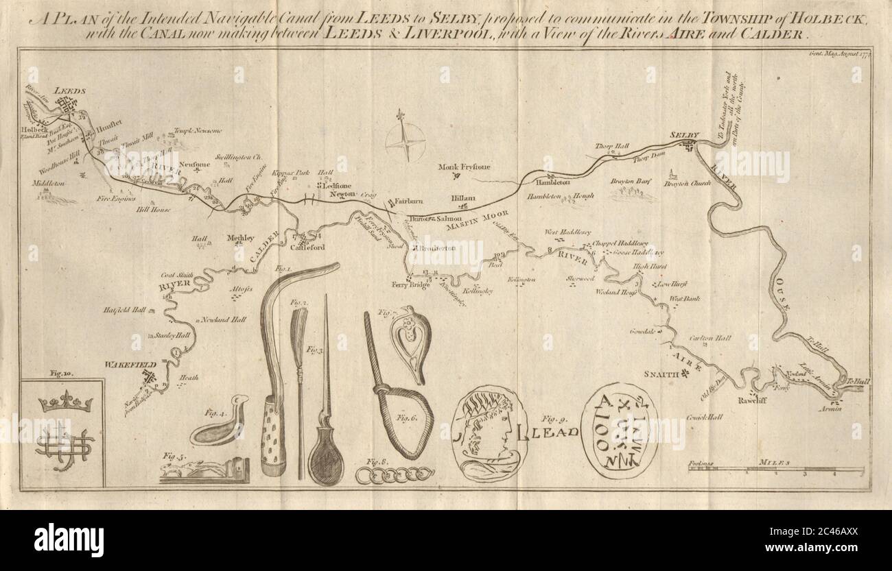 Le canal navigable prévu de Leeds à Selby. Aire Calder GENTS MAG 1774 map Banque D'Images