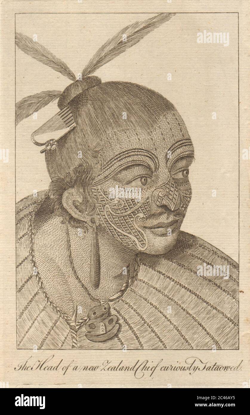 Le chef d'un chef néo-zélandais a été tatoué. Tatouage maori. Art du corps de moko 1774 Banque D'Images