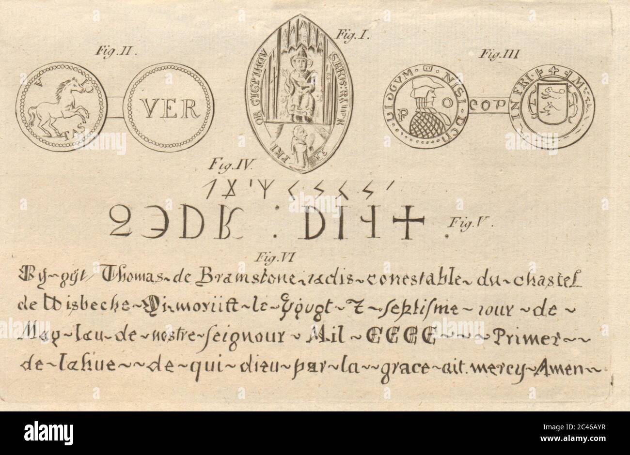 Prieuré de Canons noirs, Ipswich. Cunobelin coin Flanderkin Bramestone Wisbeach 1774 Banque D'Images