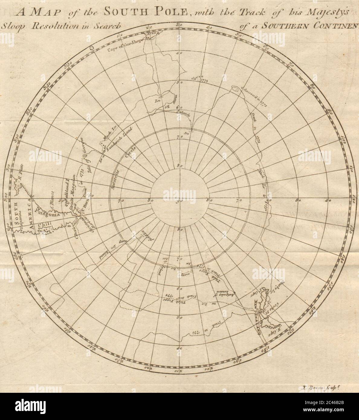 Le pôle Sud avec la voie de la résolution HMS. Cuire. Antarctique. CARTE BOWEN 1776 Banque D'Images