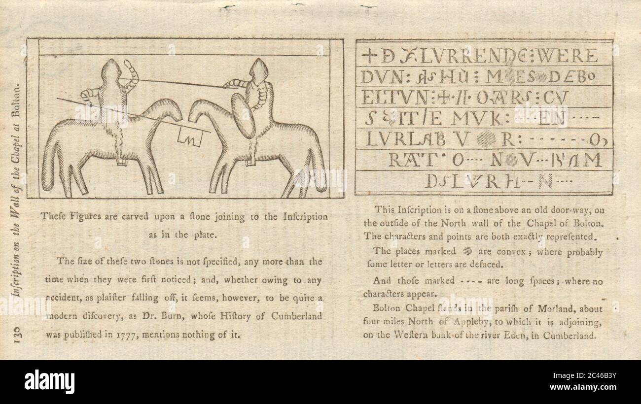 Sculpture, église de la Toussaint Bolton près d'Appleby, Cumbria. Joutes à cheval 1780 Banque D'Images