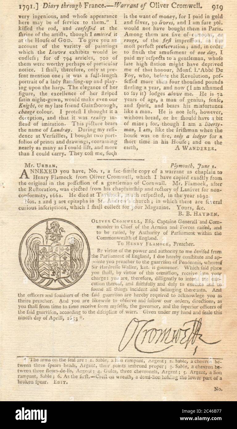 Armes et autographe de Oliver Cromwell 1791 ancienne image d'époque Banque D'Images