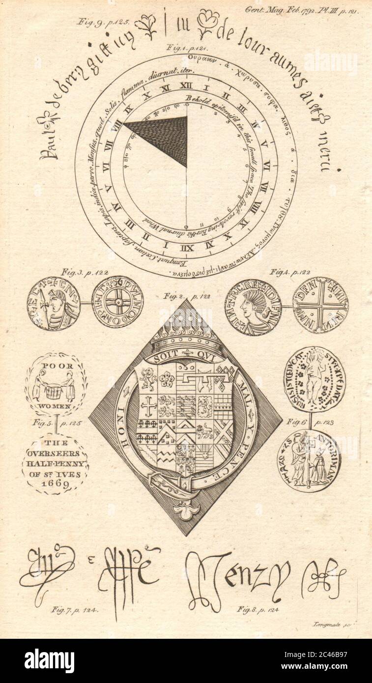 Inscription pour un cadran solaire. Bras de Dudley, comte de Leicester. Pièce de monnaie Canute 1792 Banque D'Images