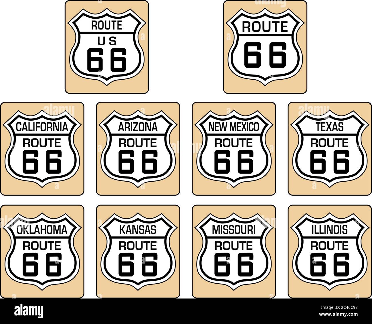 Collection vectorielle de logos de bouclier de la route 66 avec le nom des Etats-Unis. Illustration de Vecteur