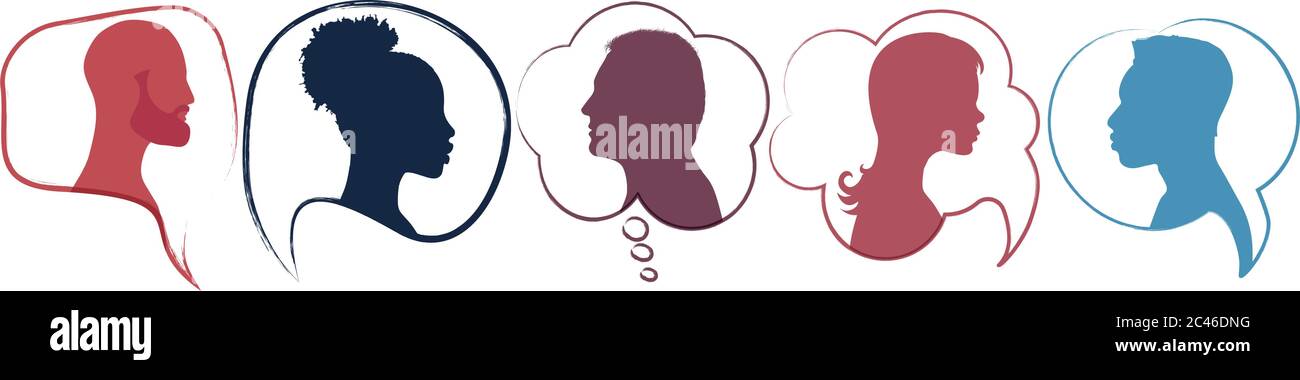 Bulle de parole.diversité personnes.Silhouette dirige les gens dans le profil.dialogue de parole et inform.Communicate entre un groupe de personnes multiethniques Illustration de Vecteur