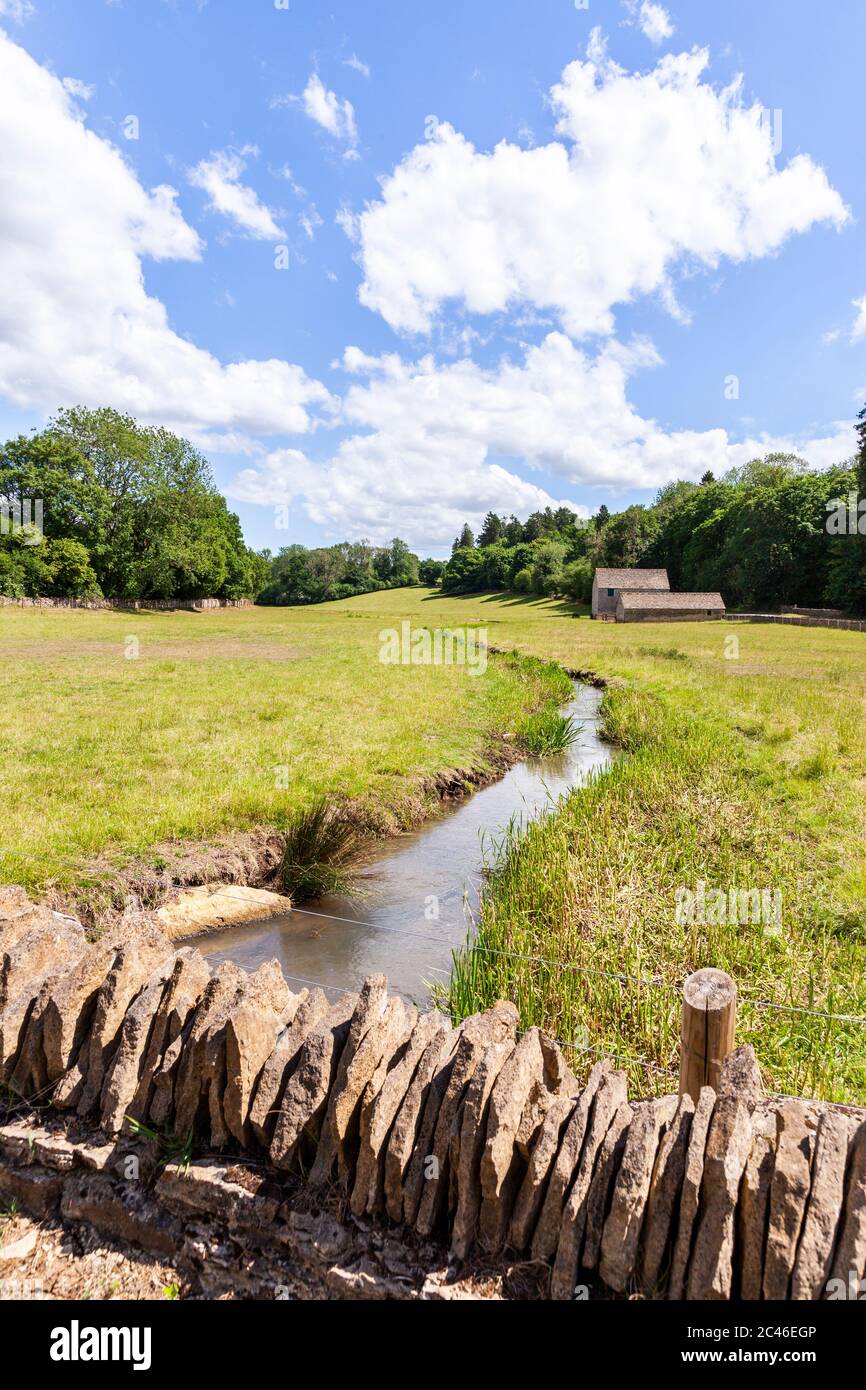 La vallée de Coln - la vue en aval de Yanworth Mill sur la rivière Coln près du village de Cotswold de Yanworth, Gloucestershire Royaume-Uni Banque D'Images