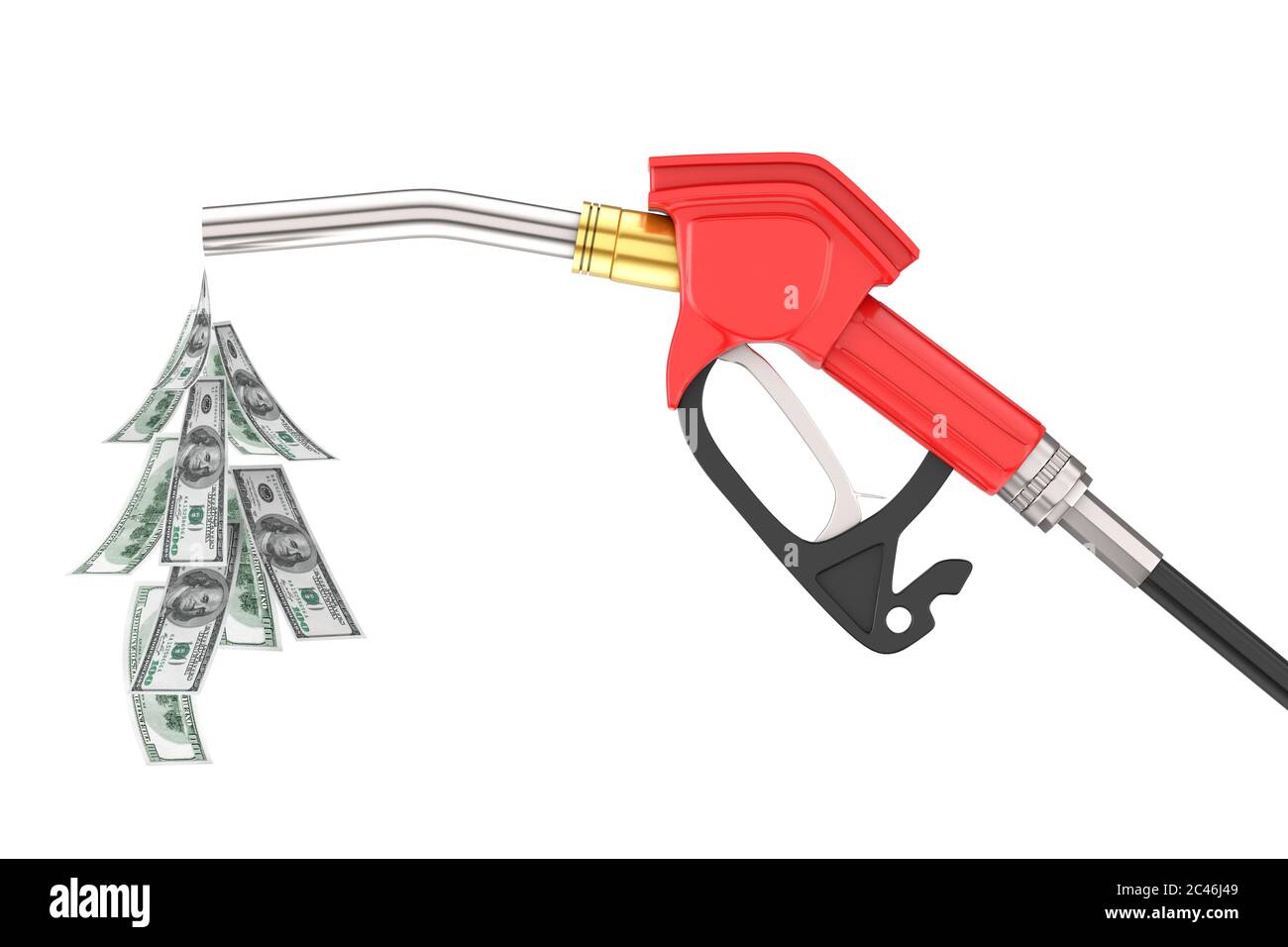 Pistolet à essence pompe à carburant, distributeur de station-service avec gouttes de dollars sur fond blanc. Rendu 3d Banque D'Images