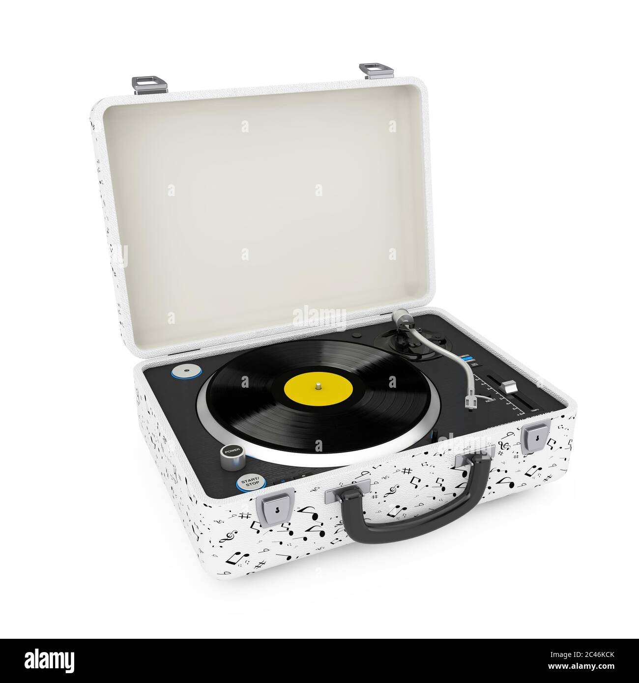 Platine de lecture portable Vintage style Turntable en boîtier blanc sur fond blanc. Rendu 3d Banque D'Images