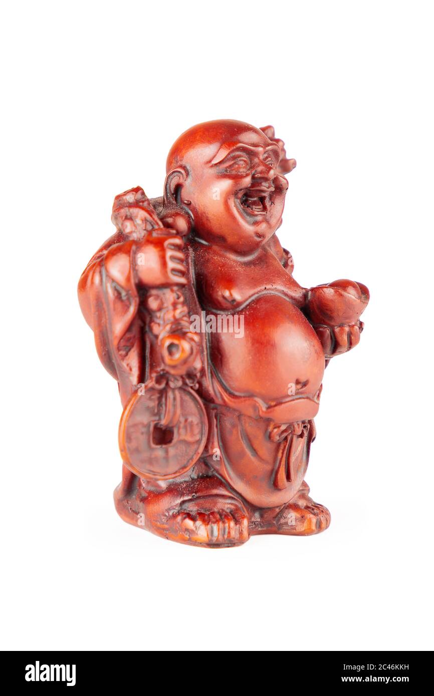 Feng Shui Budaï statuette Bouddha, pu-Tai ou heureux rire Hotei pour l'argent et la richesse sur un fond blanc Banque D'Images