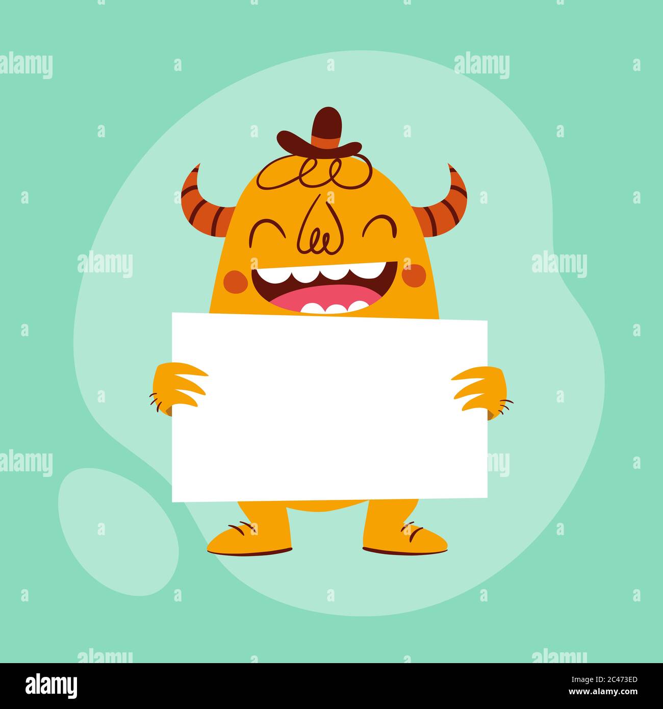 Monstre drôle tenant une carte vierge. Personnage de style rétro de dessin animé de couleur orange, derrière une carte, avec un large sourire. Illustration vectorielle, idéale pour Illustration de Vecteur