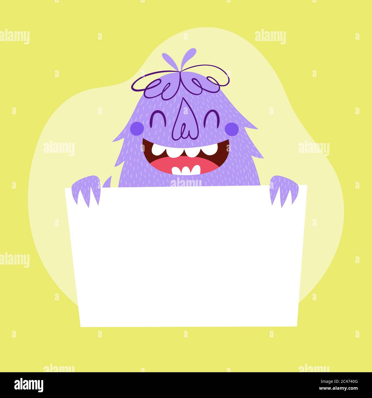 Monstre drôle derrière une carte vierge. Personnage de style rétro de dessin animé de couleur pourpre, avec un large sourire. Illustration vectorielle, idéale pour les cartes de vœux, Illustration de Vecteur
