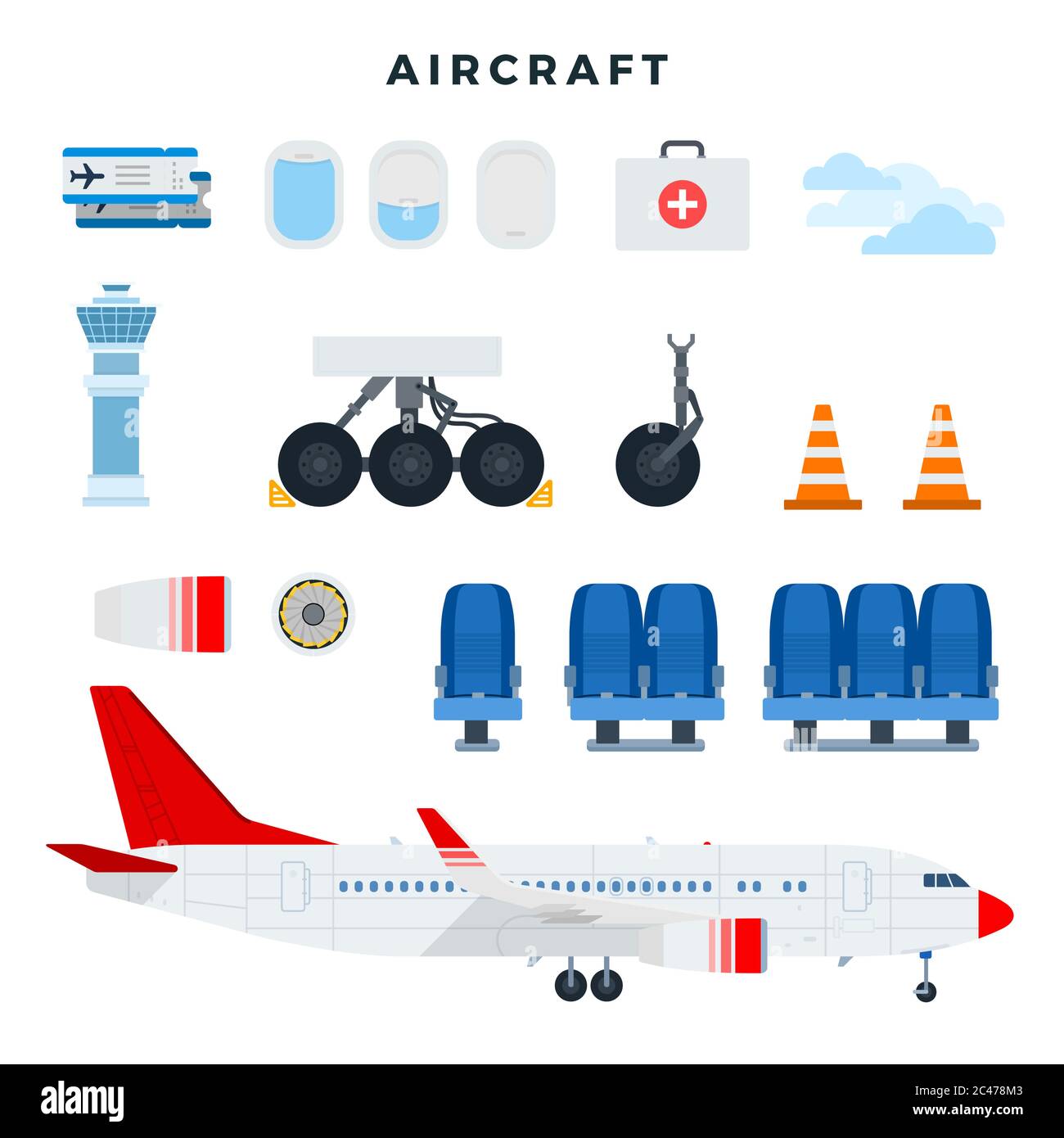 L'avion et ses composants. Ensemble de pièces d'avion, isolées sur fond blanc. Illustration vectorielle Illustration de Vecteur